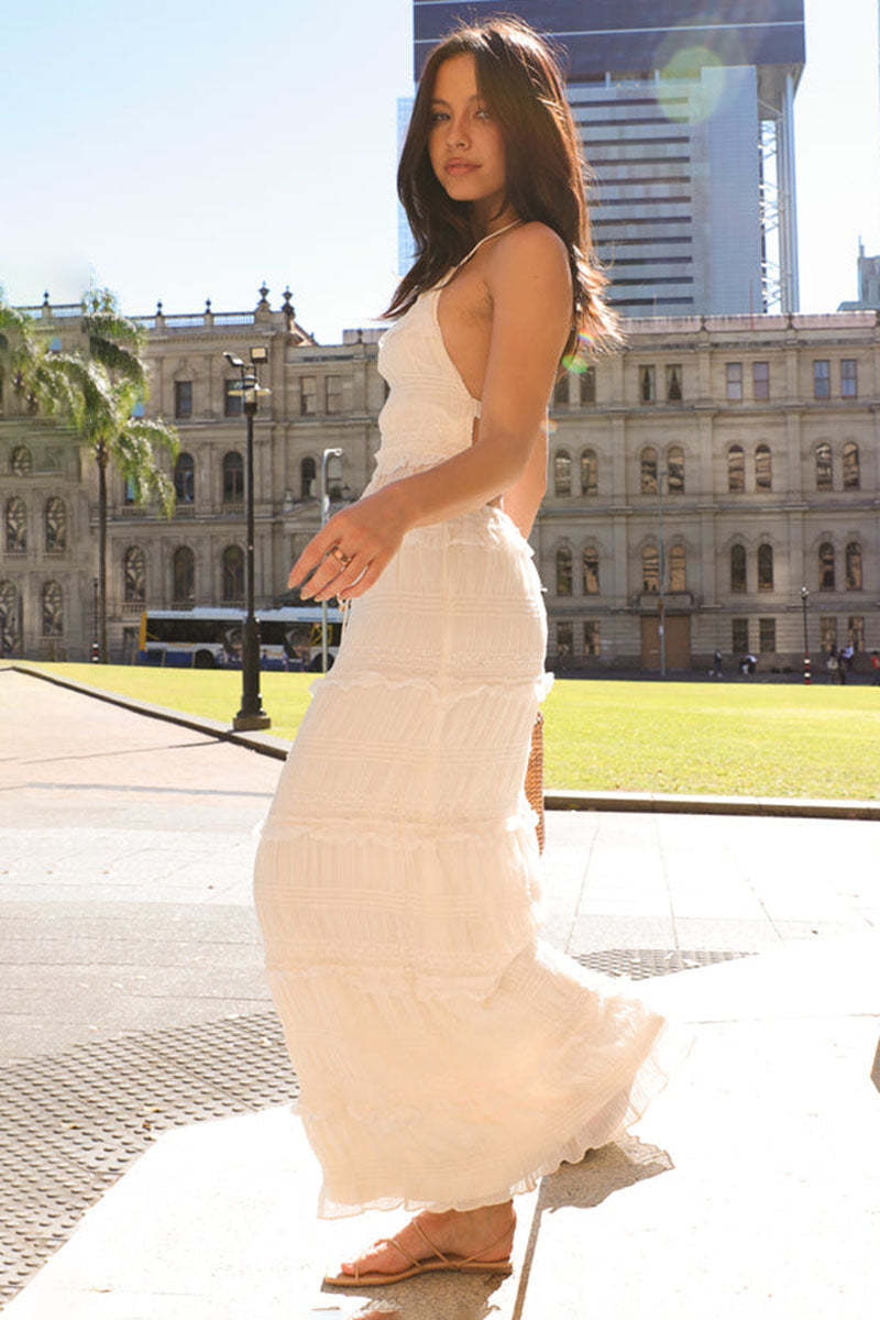 Backless Halter Top Wrinkle Ruffle Maxi Skirt 2pcs Set-Beige