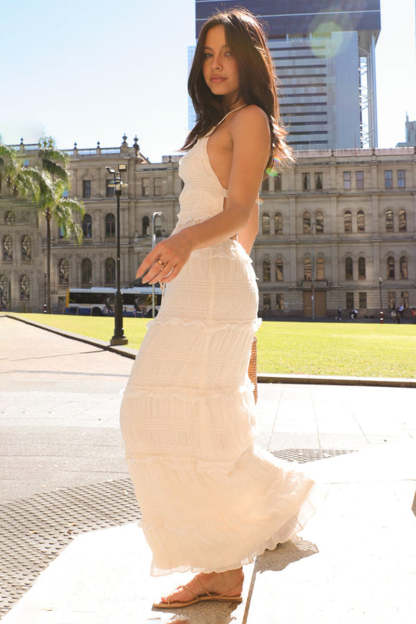 Backless Halter Top Wrinkle Ruffle Maxi Skirt 2pcs Set-Beige