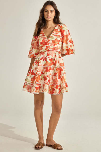 V Neck Ruched Puff Sleeve Floral Print Ribbon Mini Dresses-Red