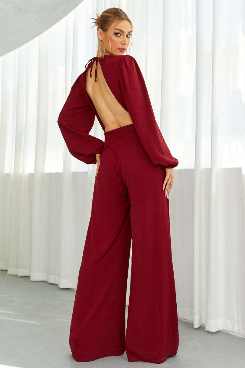 Deep V Neck Backless Wide Leg Jumpsuit