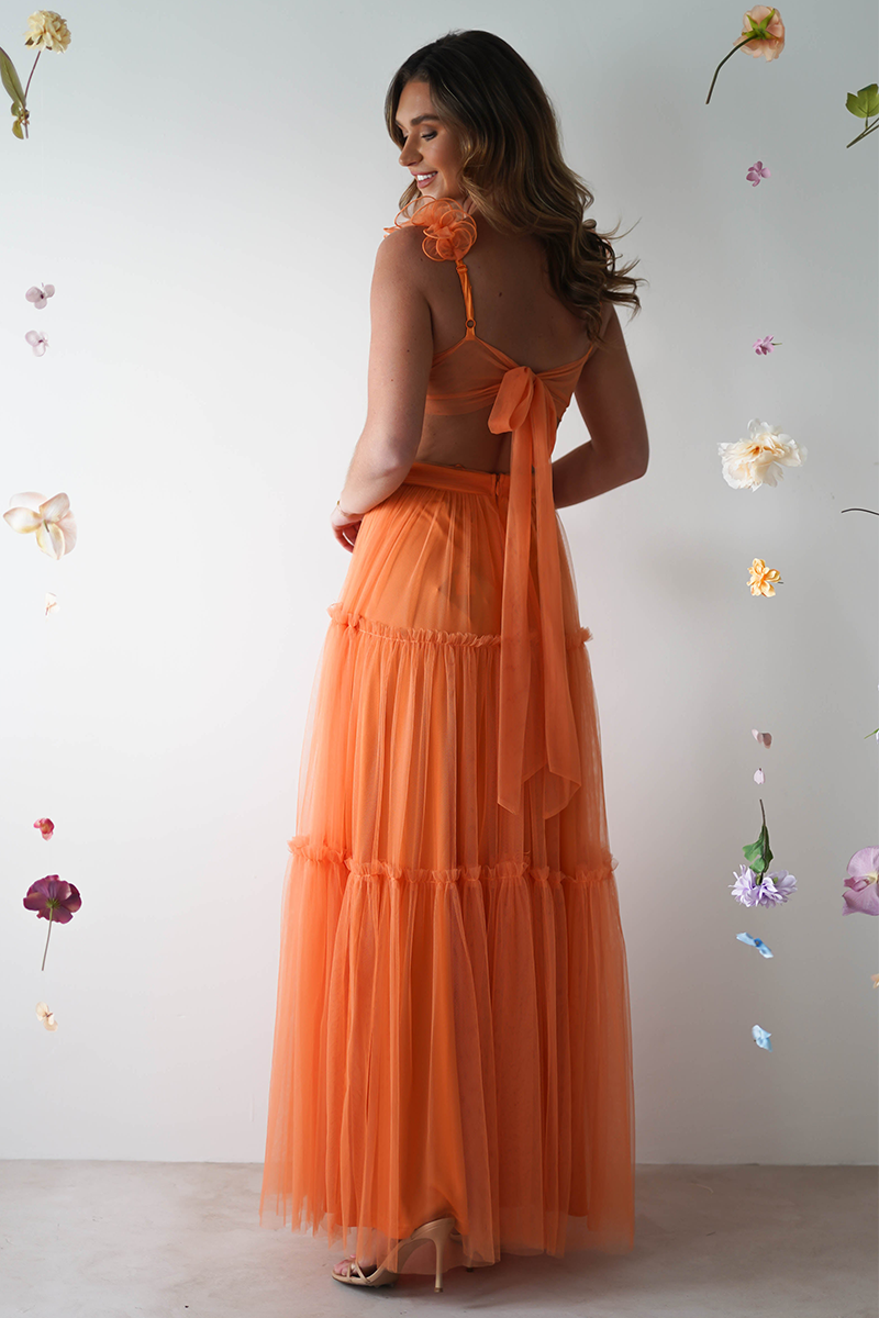 Petal Straps Deep V Neck Backless Tulle Gowns Maxi Dresses-Orange Pre Order