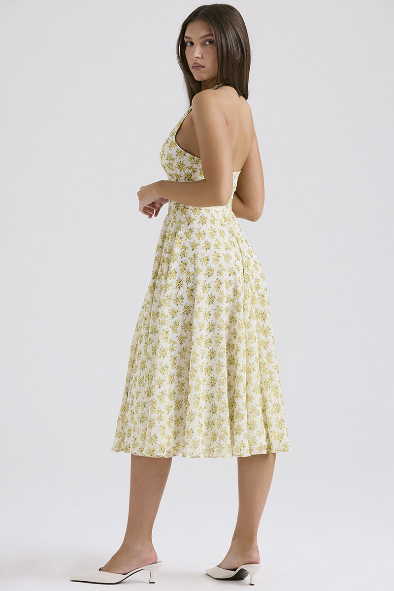 V Neck Halter Cinch Waist Floral Print Pleated Wedding Guest Midi Dresses-Yellow