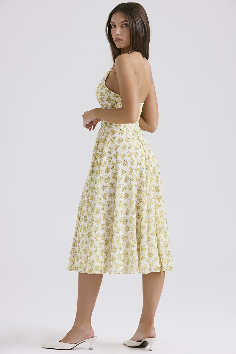 V Neck Halter Cinch Waist Floral Print Pleated Wedding Guest Midi Dresses-Yellow