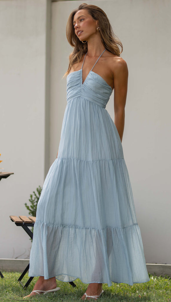 Halter Sleeveless Backless Tiered Pleated Flowy Vacation Maxi Dress