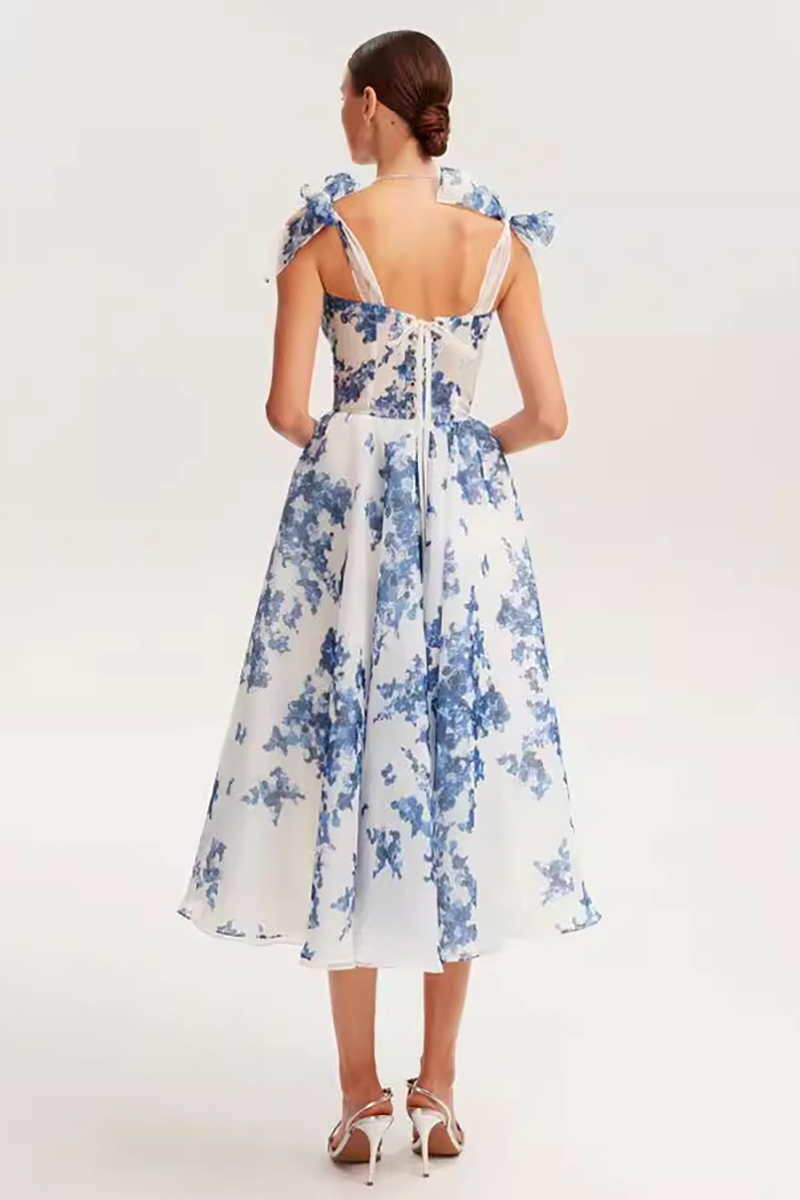 Tie Up Cami Cinch Waist Floral Print Midi Dresses-Blue