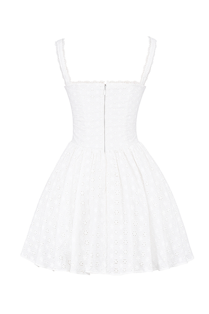 Wide Straps Lace Trim Deep V Neck Corset Mini Dresses-White