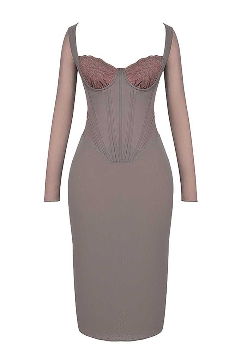 Square Neck Long Sleeve Embroidery Corset Bodycon Midi Dresses-Gray