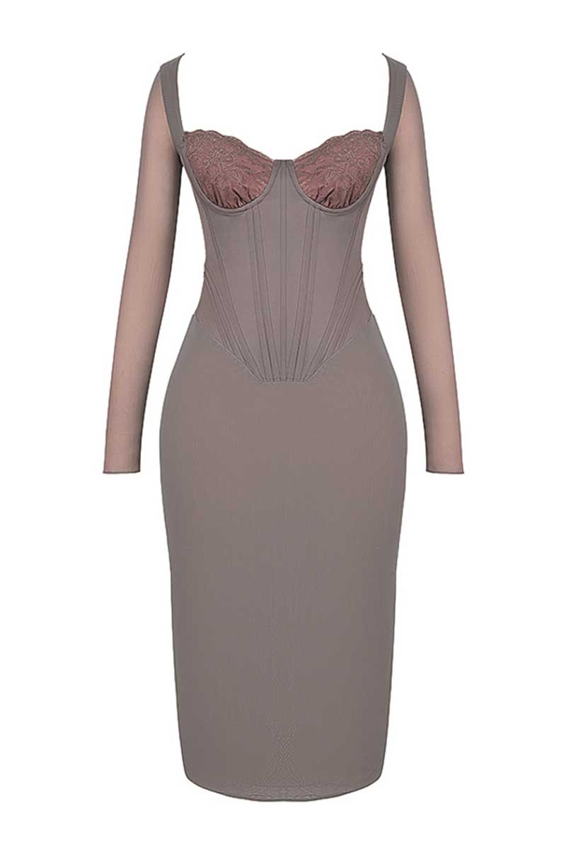 Square Neck Long Sleeve Embroidery Corset Bodycon Midi Dresses-Gray