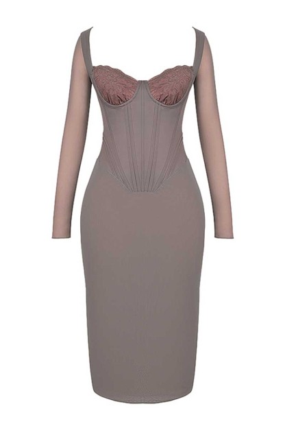 Square Neck Long Sleeve Embroidery Corset Bodycon Midi Dresses-Gray