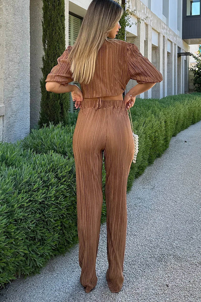Haif Puffy Sleeve V Neck Tied Up Crop Top Straight Leg Pants Pleated Slim Matching Sets