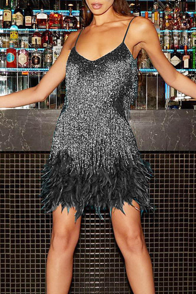 Fringed Sequin Feather Trim Party Mini Dresses