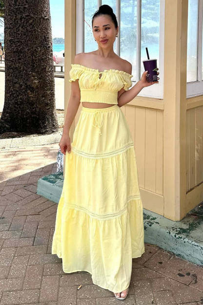 Off Shoulder Short Sleeve Ruched Top Quilted Maxi Skirt Matching Set-White