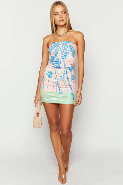 Palm Print Ruched Strapless Bodycon Vacation Mini Dresses-Pink Pre Order