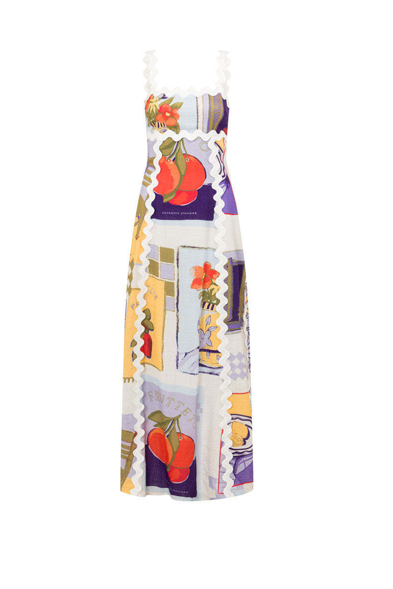 Wavy Trim Drawing Print Tie Up Backless Maxi Strappy Dresses-Beige