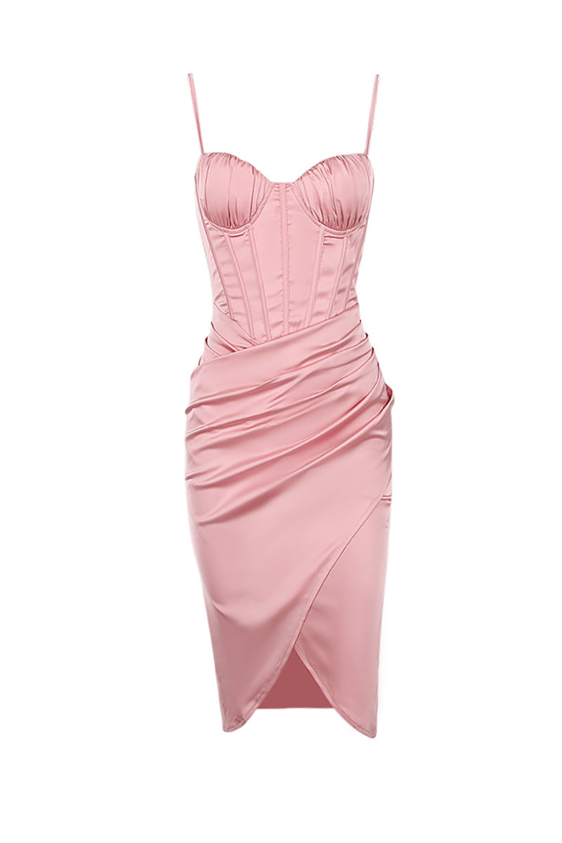 White Cami V Neck Ruched Corset Wrapped Pleated Bodycon Satin Evening Gown Midi Dresses