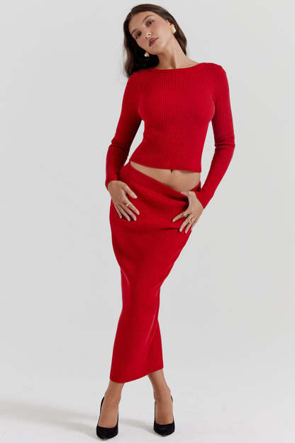 Pit Knit Long Sleeve Ribbon Back Crop Top Solid Midi Skirt Matching Set-Red