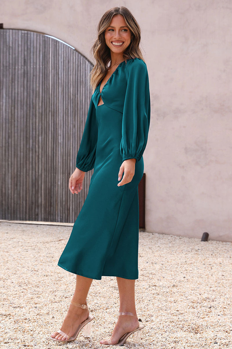 Satin Deep V Neck Lantern Sleeve Tie Up Backless Slim Fit Bridesmaid Gowns Midi Dresses