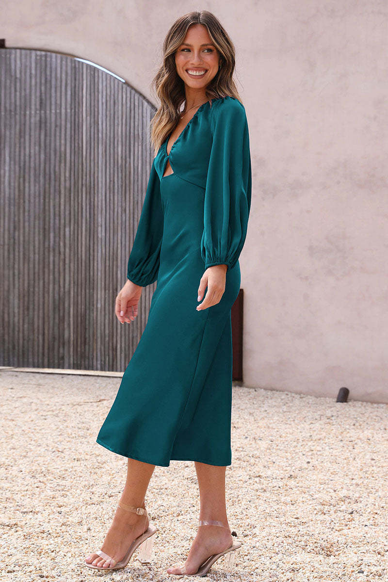 Satin Deep V Neck Lantern Sleeve Tie Up Backless Slim Fit Bridesmaid Gowns Midi Dresses