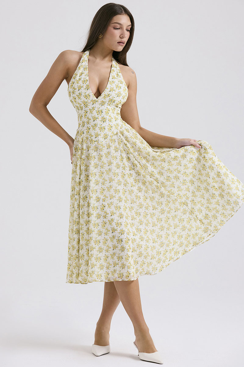 V Neck Halter Cinch Waist Floral Print Pleated Wedding Guest Midi Dresses-Yellow