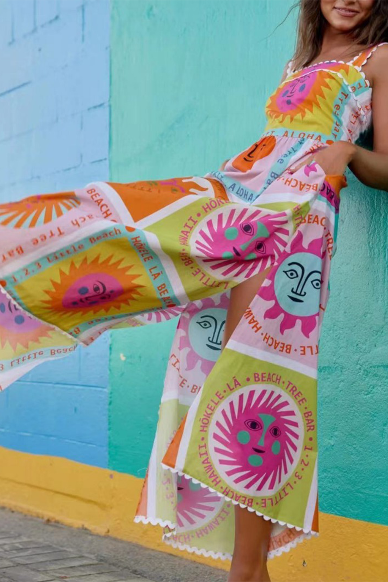 Abstract Print Thick Straps Wavy Trim Side Slit A-Line Maxi Dresses-Orange