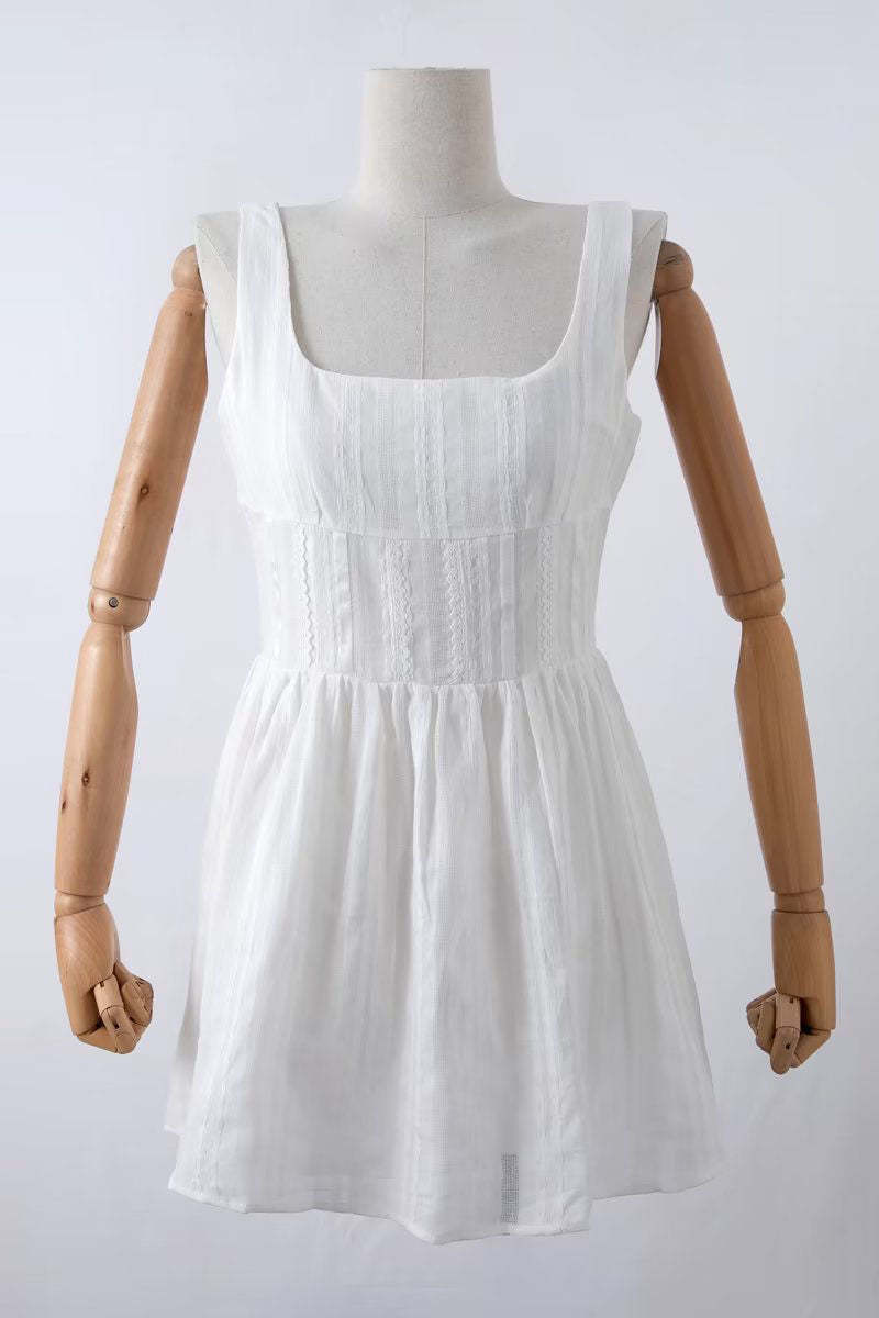 Square Neck Low Back Texture A-Line Sleeveless Mini Dresses-White
