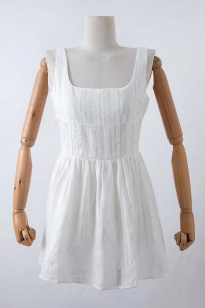 Square Neck Low Back Texture A-Line Sleeveless Mini Dresses-White