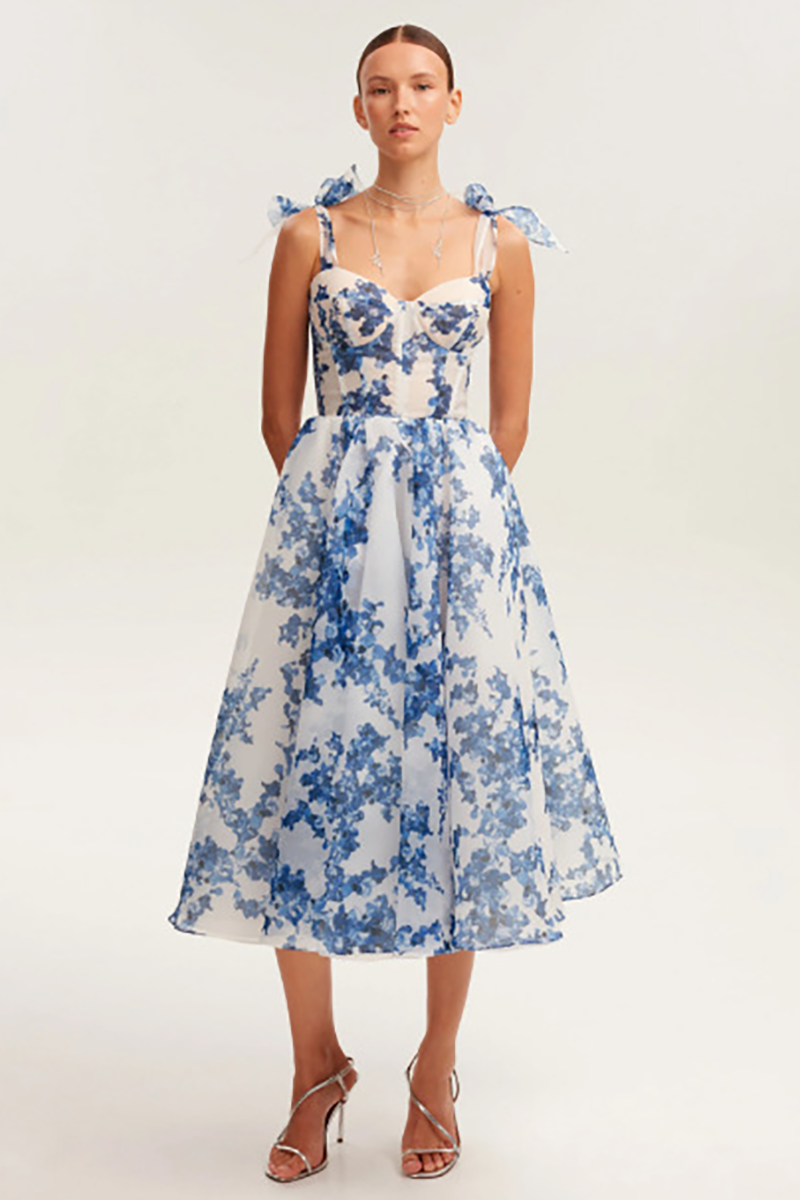 Tie Up Cami Cinch Waist Floral Print Midi Dresses-Blue