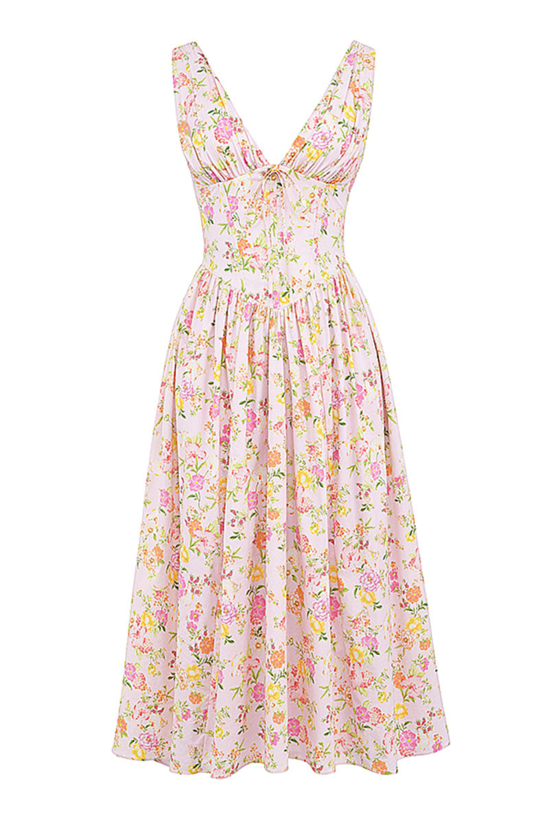 Sleeveless V Neck Cinch Waist Floral Print Midi Dresses-Pink