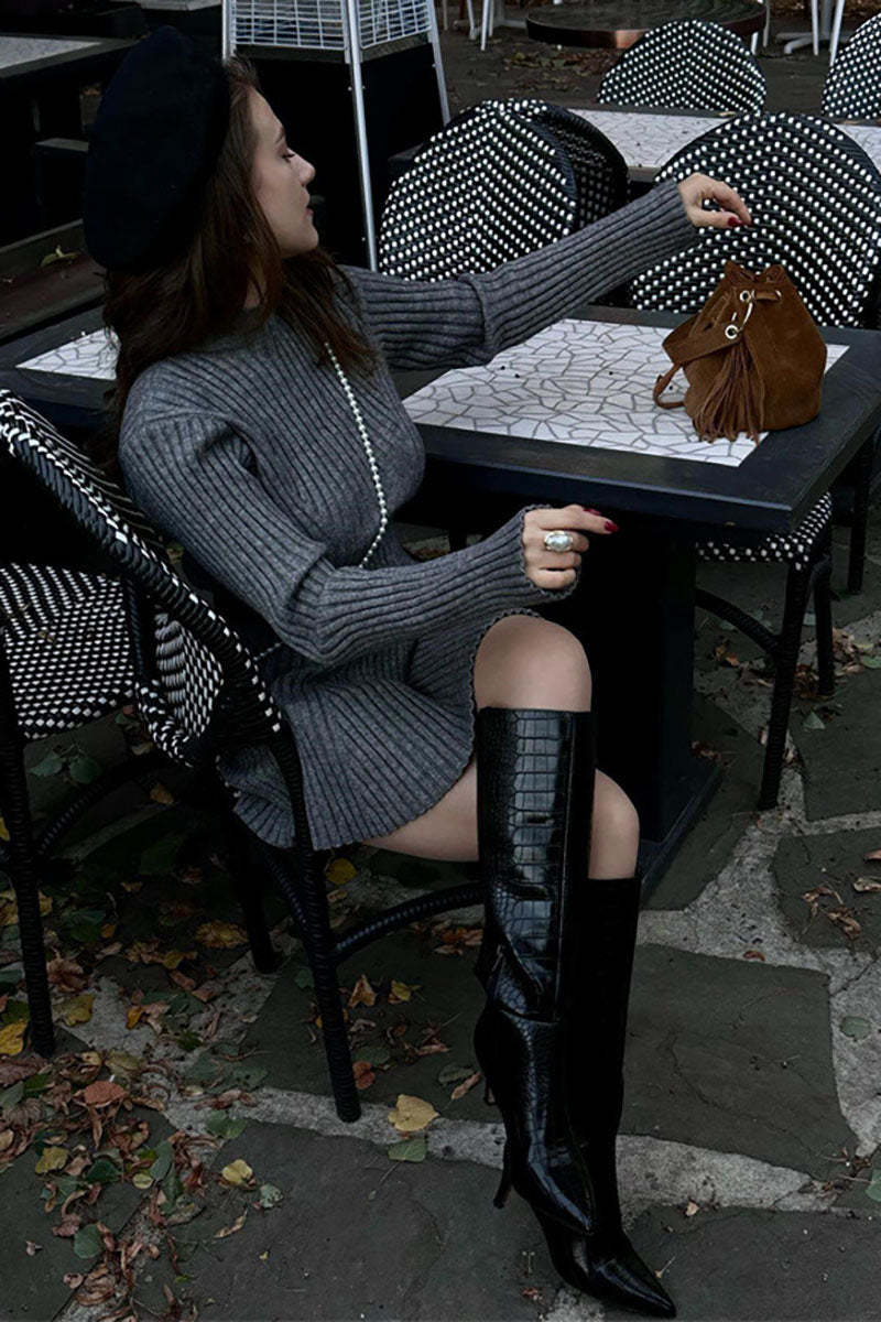 Pleated Knit Mock Neck Long Sleeve A-Line Slim Fit Sweater Mini Dresses-White