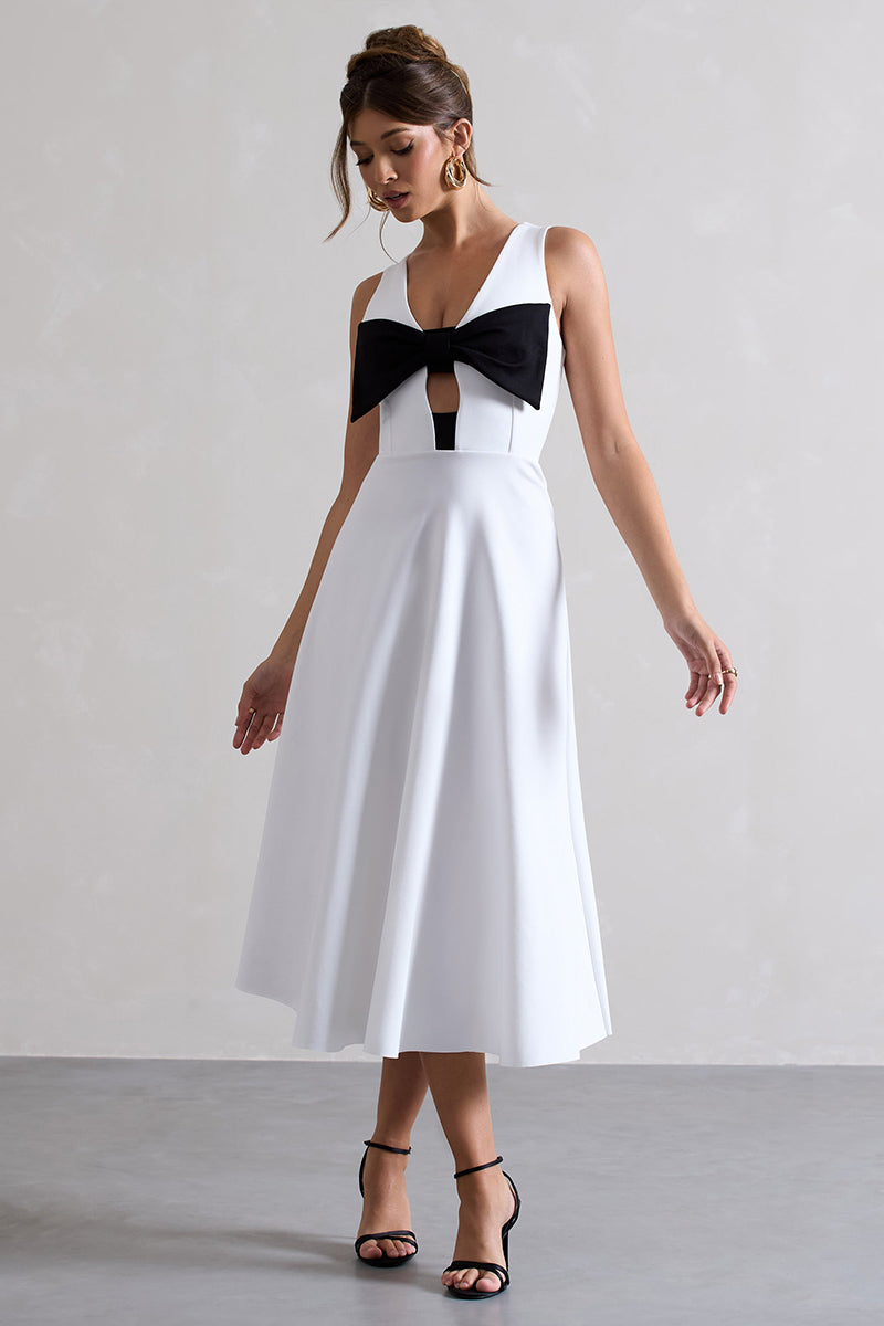 Plunge Neck Bowknot Decor Sleeveless Midi Dresses-White