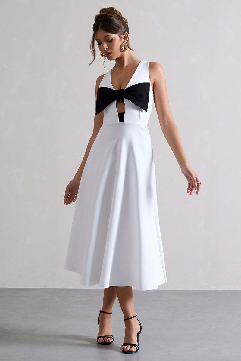 Plunge Neck Bowknot Decor Sleeveless Midi Dresses-White