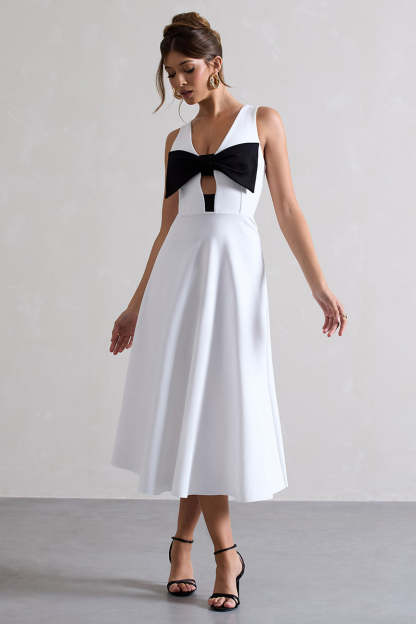 Plunge Neck Bowknot Decor Sleeveless Midi Dresses-White