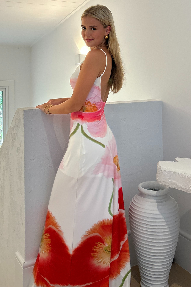 Floral Print U Neck Backless Vacation Slip Maxi Dresses-White