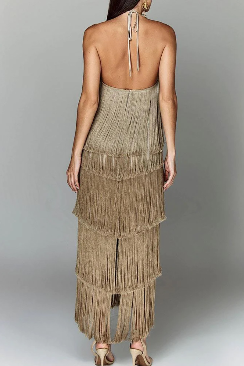 Tiered Fringed Sleeveless Halter Open Back Prom Party Maxi Dresses-Brown