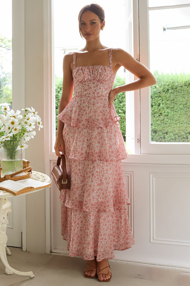 Ditsy Floral Print Tiered Ruffled Maxi Strappy Dresses-Pink