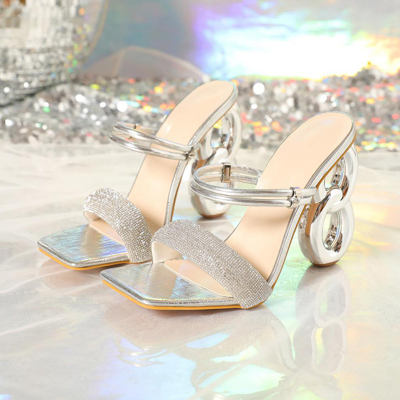 Multi Straps Metallic Sheen Square Toe Slip On Sandal Heels