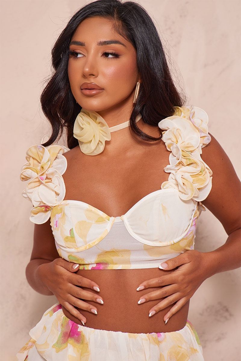 Ruffled Straps Crop Top Slit Tiered Maxi Skirt Matching Set-Beige Pre Order