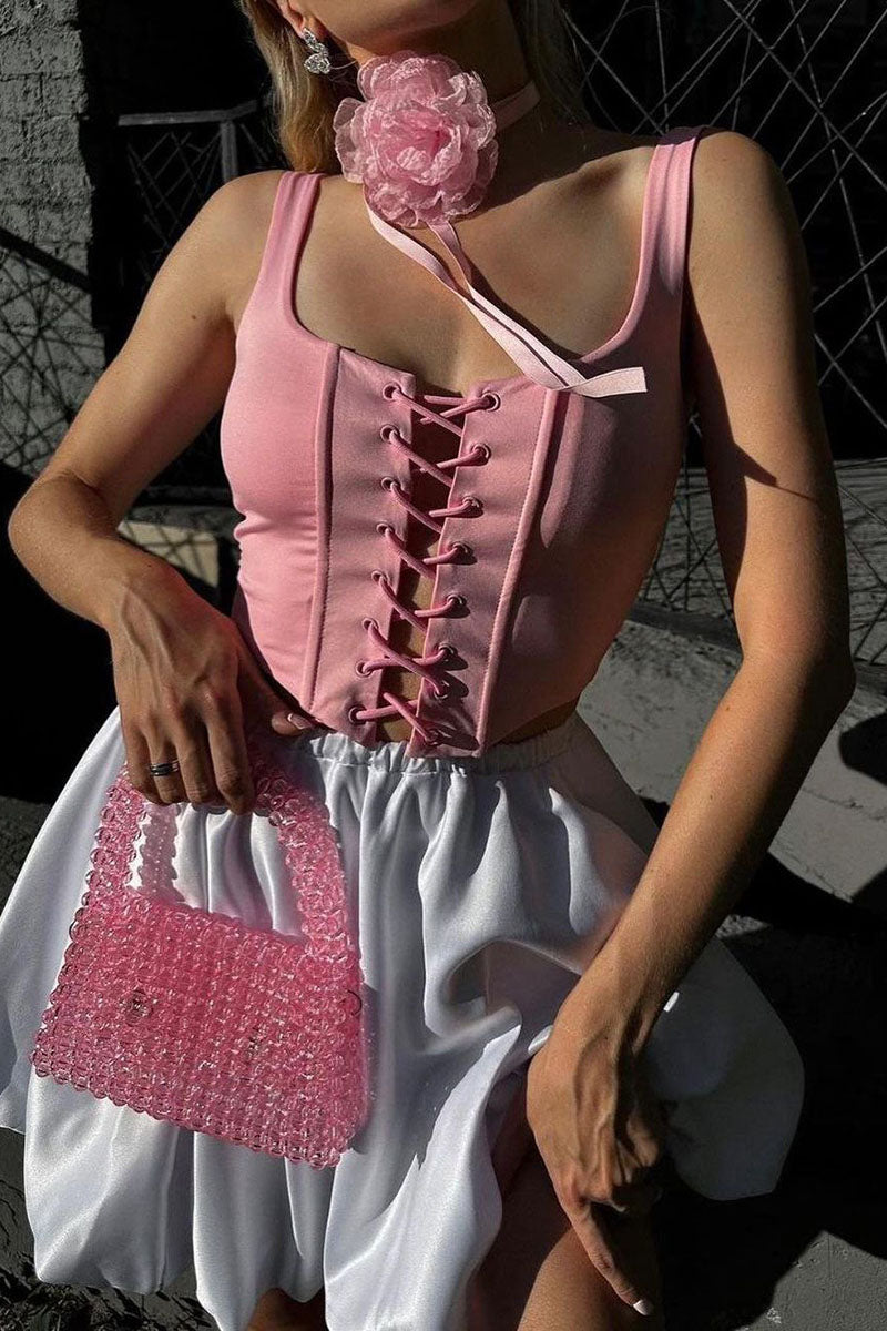 Square Neck Lace-Up Slim-Fit Daily Sleeveless Crop Top-Pink