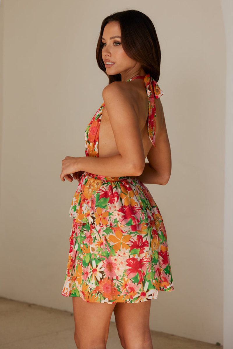 Floral Print Halter Neck Backless A-Line Mini Dresses-Red