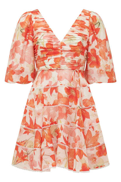 V Neck Ruched Puff Sleeve Floral Print Ribbon Mini Dresses-Red