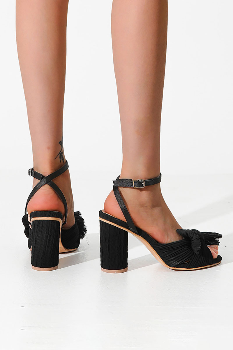 Pleated Bow Ankle Strap Chunky High Heel Sandals