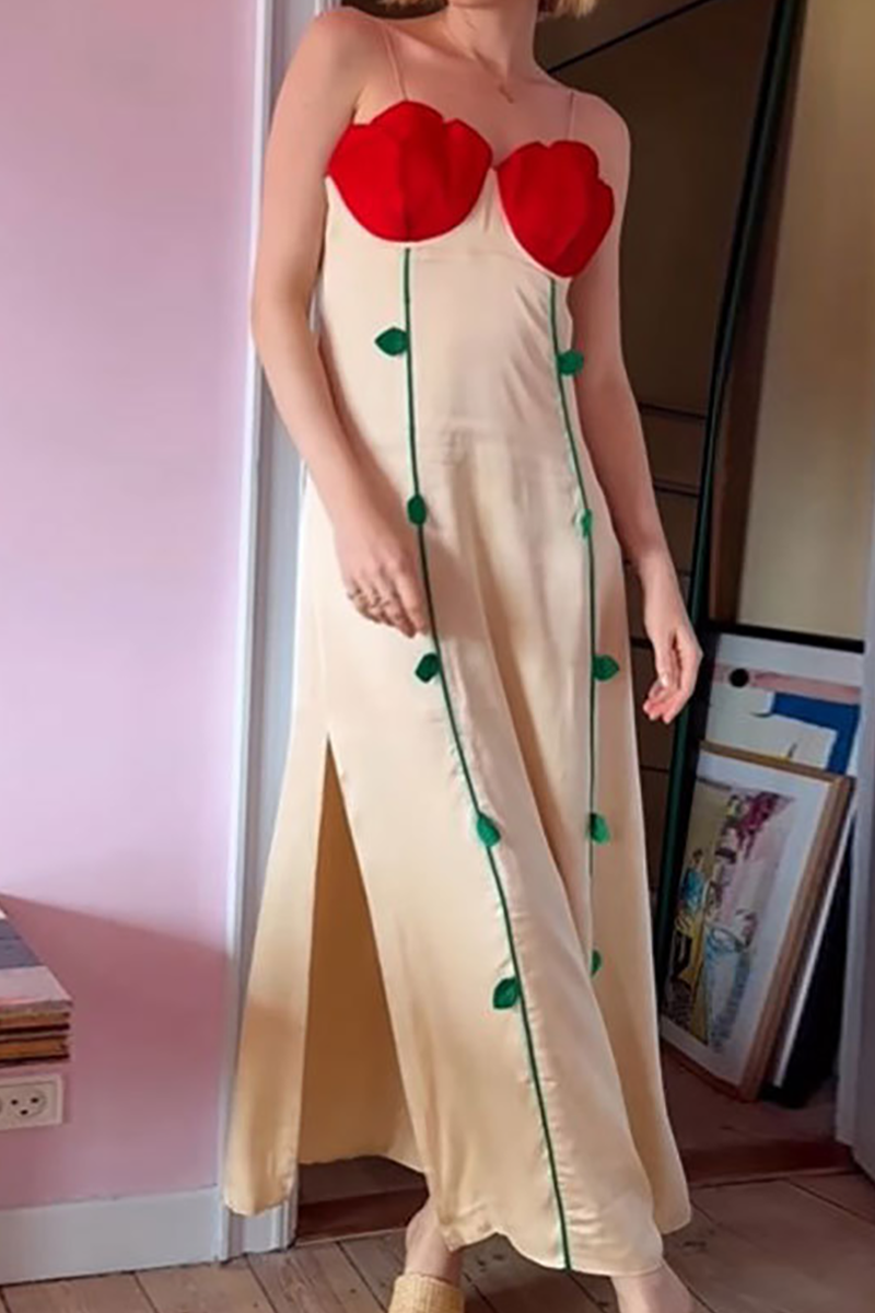 Colorblock Slim Fit Spaghetti Strap Maxi Dresses-Beige