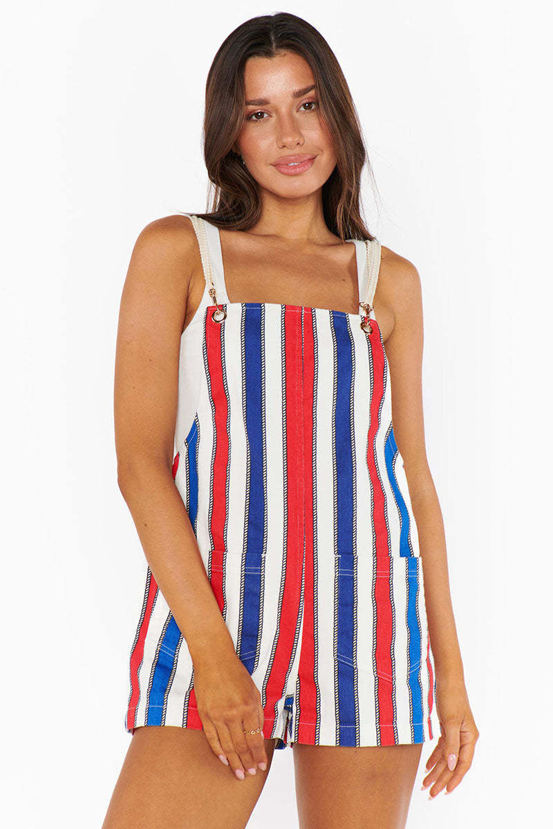 Colorblock Striped Pocket Backless Vacation Romper Playsuit-White