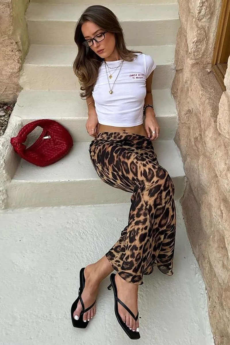 Leopard Print Slim Fit Low-Rise Fishtail Hem Maxi Skirt-Brown