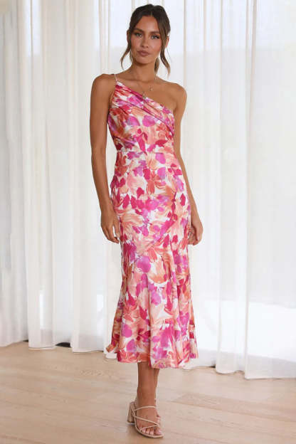 Floral Print One Shoulder Asymmetric Midi Dresses