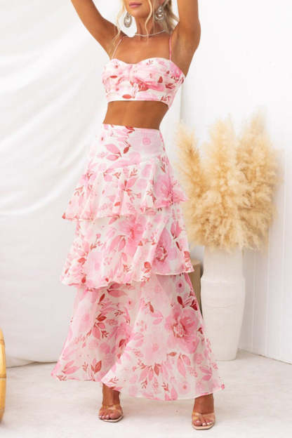 Floral Print Cami Crop Top Layered Maxi Skirt Matching Set-Pink