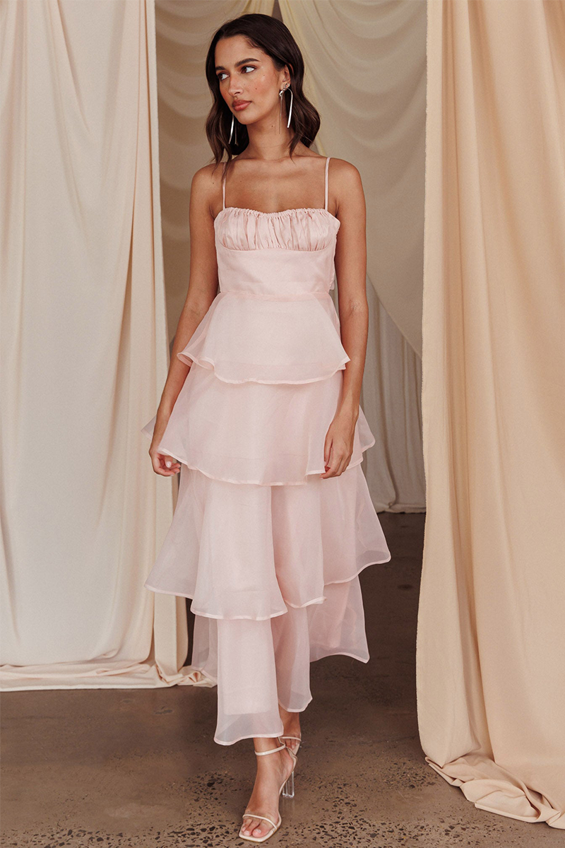 Spaghetti Strap Front Ruched A-Line Tie Up Backless Tiered Ruffled Maxi Dresses-Pink