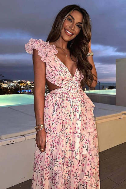 Deep V Neck Slim Ruffled Shoulder Backless Tied Up Cutout Floral Print Vacation Maxi Dresses