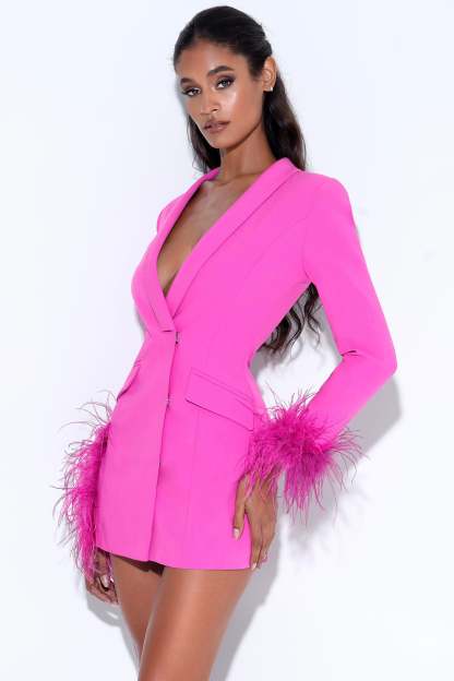 V Neck Feather Trim Blazer Party Mini Dresses