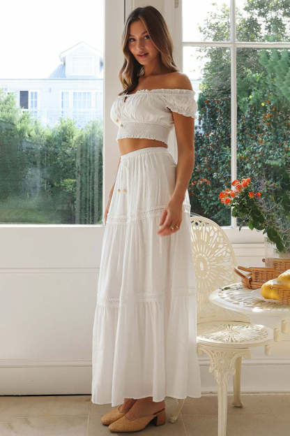 Off Shoulder Short Sleeve Ruched Top Quilted Maxi Skirt Matching Set-White
